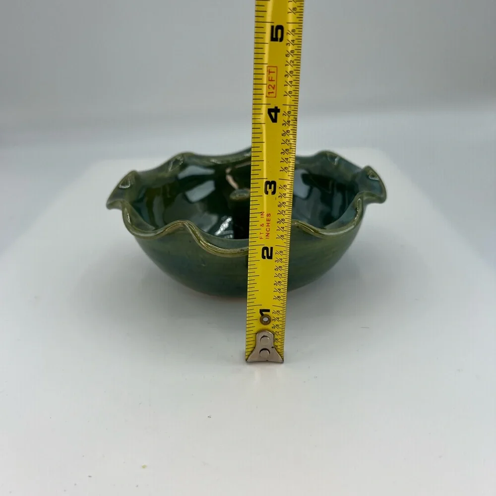 Artist Studio Pottery Bowl Apple Baker Dish Artist Signed Scallop Edge Green